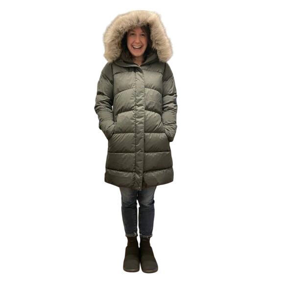 Prana Kromata Long Down Jacket Women's Faux Fur Hood Sz Small Black Olive - Picture 2 of 4